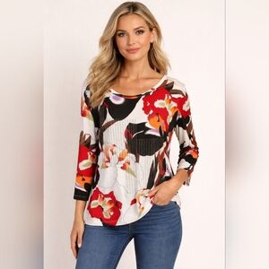 Adam Jacobs Beaded Floral 3/4 Sleeve Top szL
